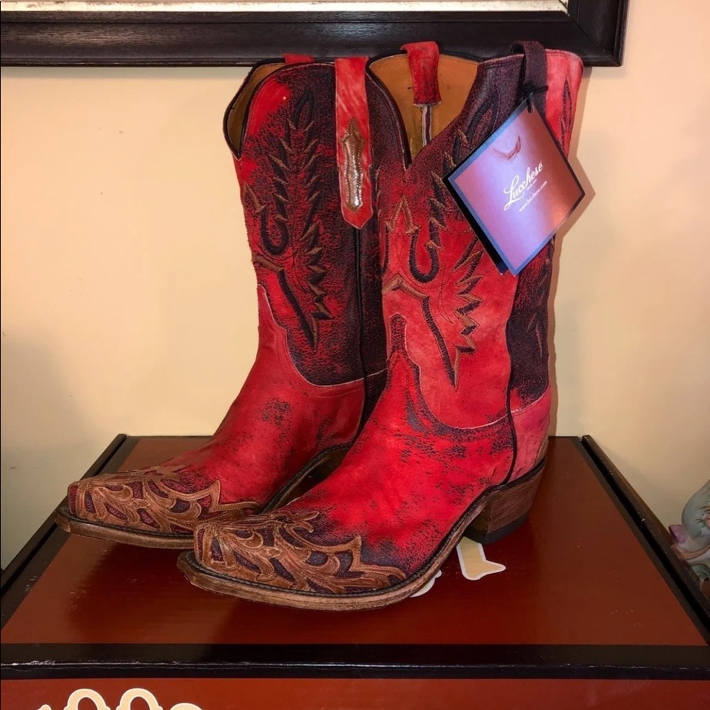 Lucchese Red Leather Suede Cowboy Boots USA Made